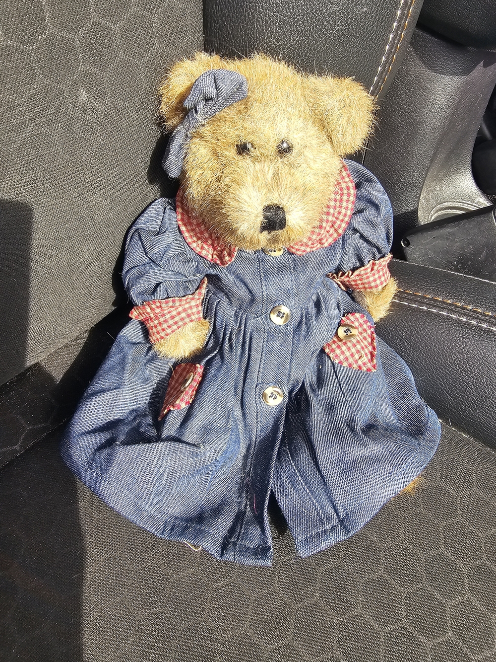 Boyds Bears Brown Plush Bear in Blue Denim Dress with Red Gingham Accents